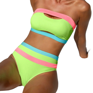 Bandeau Cutout Lace-Up Neon Colorblock Bikini by Popvil in XXL NWT